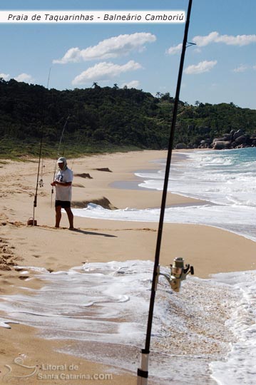 Pescador colocando a isca no anzol para  pescar na praia de taquarinhas em Balneário Camboriú.