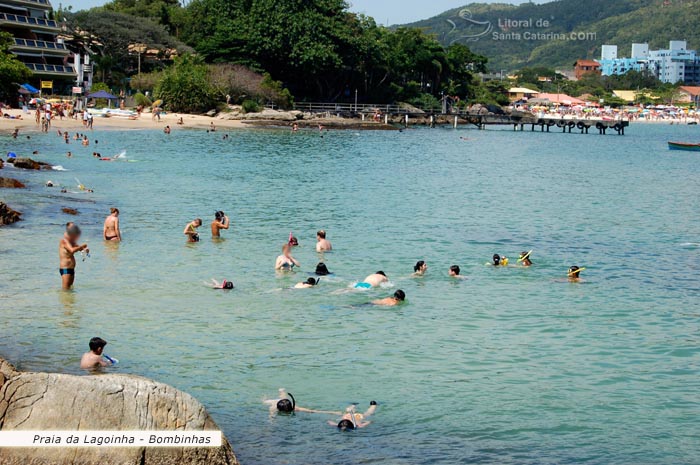 Várias pessoas mergulhando na Praia da Lagoinha em Bombinhas.