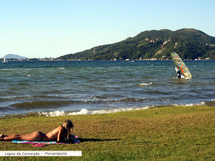 Gata de floripa tomando um sol as margens da lagoa da conceição e ao fundo pessoas praticando o kite surf