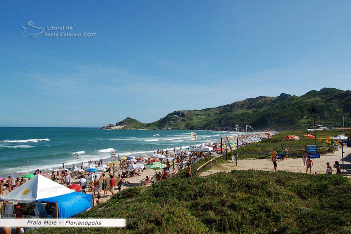 Restinga, volei, praia lotada e mar azul da praia mole no litoral catarinense