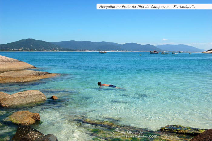 Rapaz mergulhando nas águas limpidas da ilha do campeche, santa catarina, brasil