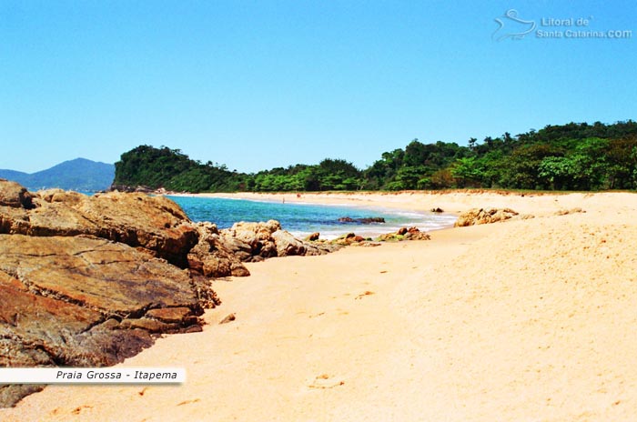 Praia grossa em Itapema, areias brancas, mar azul e ao fundo a mata atlântica ainda preservada.