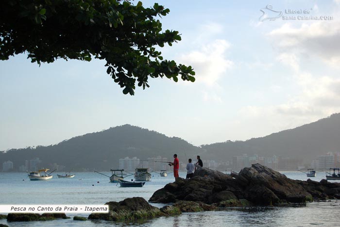 Pessoas pescando no canto da praia em itapema.