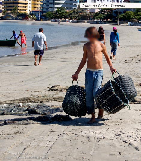 Garoto levando o cesto para encher de peixes no canto da praia em itapema.