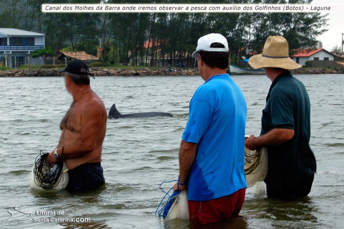 laguna, pescadores esperando os golfinhos trazerem os peixes e dai eles jogarem as redes 