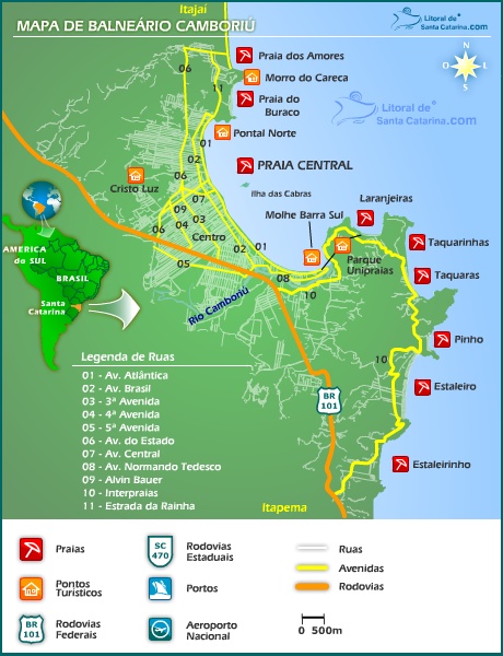 Mapa de Balneário Camboriú, localize praias de Balneário Camboriú, Praia do Buraco, Praia de Taquaras, Praia Central de Balneário Camboriú, Praia do Pinho, Praia de Laranjeiras, Praia do Estaleiro, Praia de Taquarinhas, Praia do Estaleirinho, praia dos amores e pontos turísticos, Cristo Luz, Pontal Norte, morro do careca, Molhe da Barra Sul, Parque Unipraias 