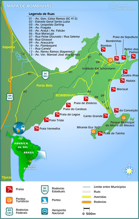 Mapa de Bombinhas contendo todas as praias bombinhas, Retiro dos Padres, Canto Grande,Praia de Bombas, Praia de Quatro Ilhas, Praia de Zimbros, Praia do Atalaia, Praia do Cardoso, Praia de Bombinhas, Praia de Mariscal, Praia da Lagoinha, Praia da Conceição, Praia Triste, Praia da Sepultura, Praia da Tainha, Praia Vermelha e pontos turísticos, Instituto Kat, Schürmann Mirante Eco 360°, Parque Municipal do Morro do Macaco, imprima e viaje tranquilo com sua família.