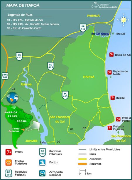 Mapa de Itapoá, contendo praias e pontos turisticos