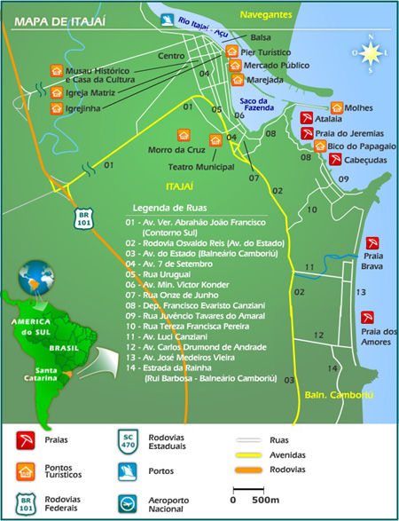 Mapa de Itajaí, contendo as principais praia de itajai, Praia dos Amores, Praia Brava, Praia de Cabeçudas, Praia do Jeremias / bico do papagaio, Praia do Atalaia e pontos turísticos de itajaí sc, Bico do Papagaio, Píer Turístico,  Morro da Cruz, Mercado Público Municipal, Molhes da Barra, Marejada, Igreja Matriz do Santíssimo Sacramento, Museu Histórico, Igreja da Imaculada Conceição, teatro Municipal de Itajaí  