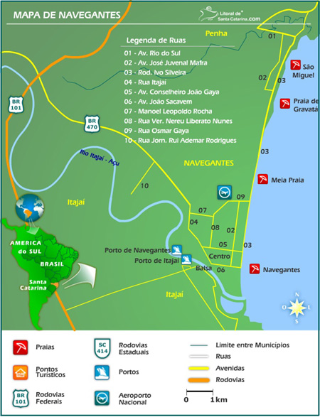 Mapa de Navegantes, contendo praias de navegantes e pontos turisticos