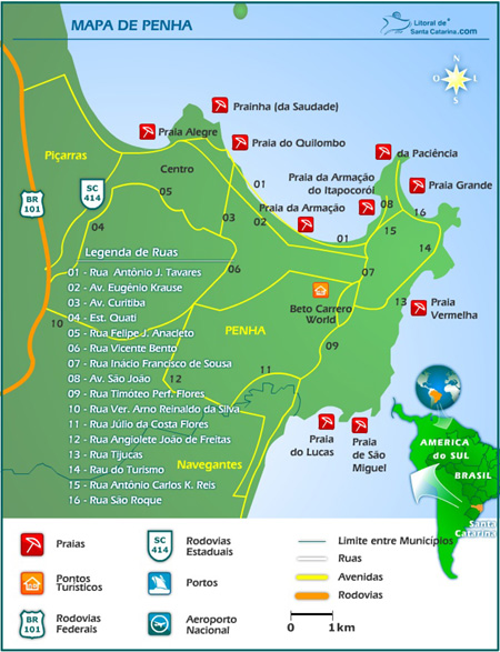 Mapa de Penha, contendo praia de penha e pontos turisticos