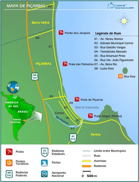 Mapa de Piçarras, praias e pontos turísticos
