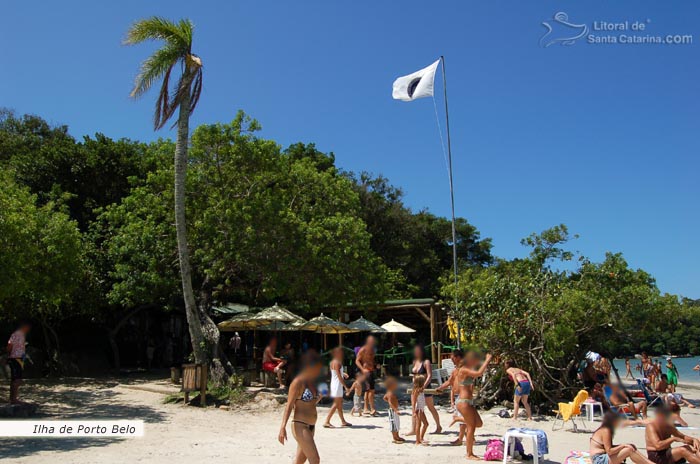 Pessoas se divertindo na ilha de porto belo e ao fundo uma mata linda e ainda preservada pelo povo catarinense.